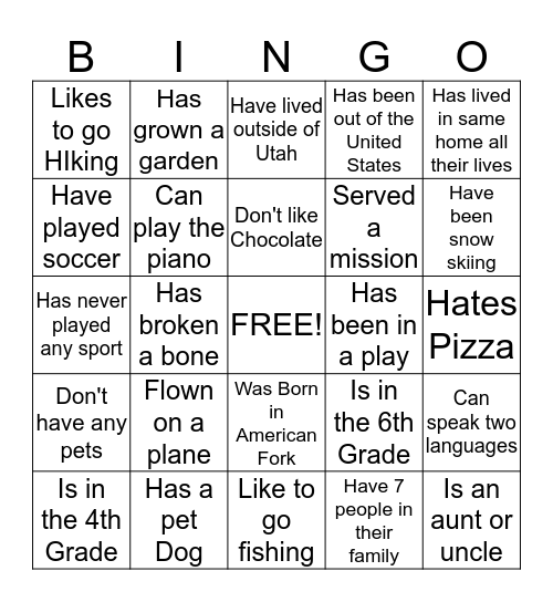 FriendShip Bingo Card