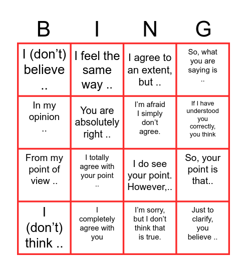 Opinions, Agreements and Disagreements Bingo Card