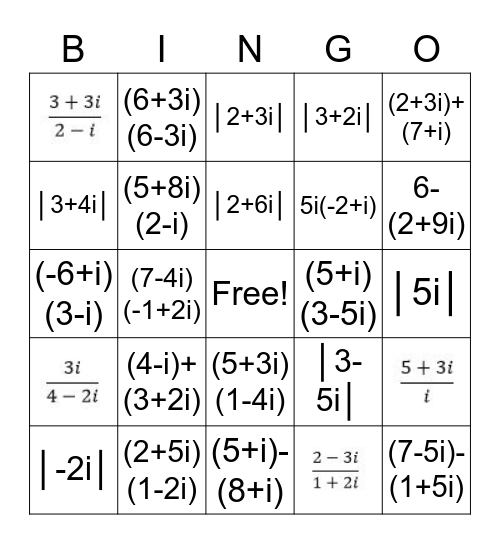 Complex Number Bingo Card