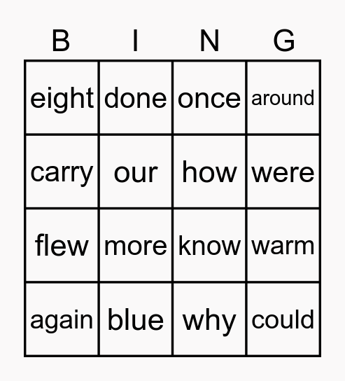 First Grade Words Bingo Card