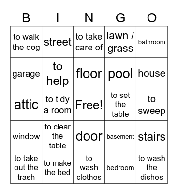 House and Chores Bingo Card