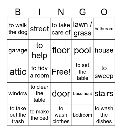 House and Chores Bingo Card