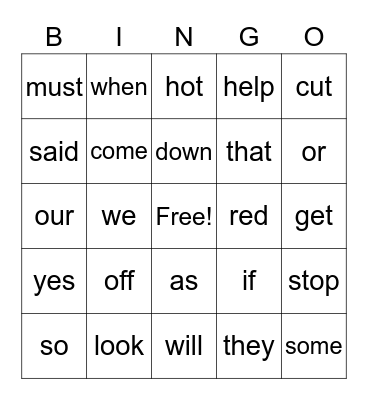 Sight Words Bingo Card