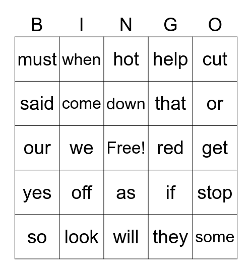 Sight Words Bingo Card