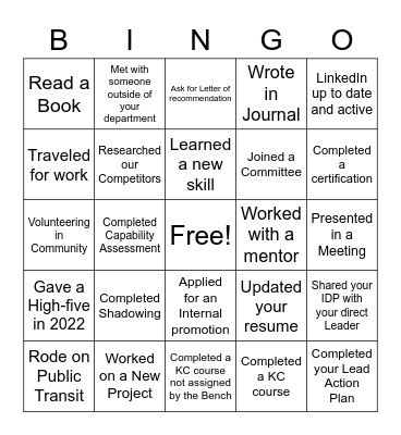 Bench Growth Bingo Card