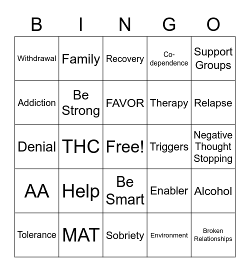 Addiction Bingo Card