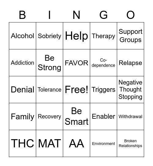 Addiction Bingo Card