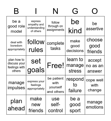 Coping Skills Bingo Card