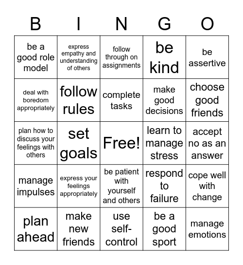 Coping Skills Bingo Card