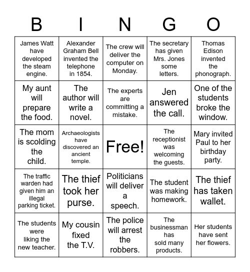 Passive Voice Bingo Card