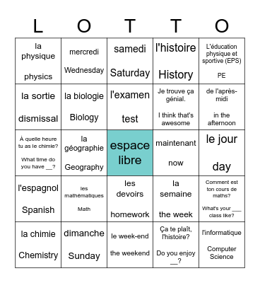 L'année scholaire Bingo Card