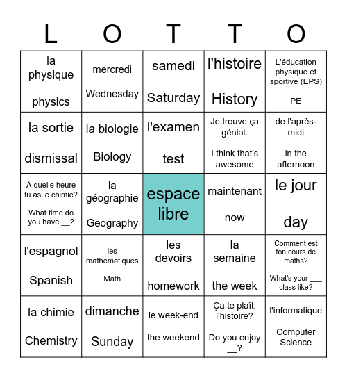 L'année scholaire Bingo Card