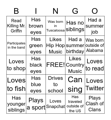 Getting to know you Bingo Card