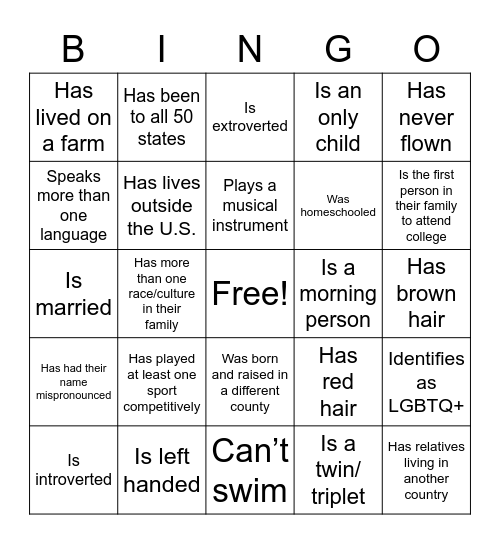 Multicultural Bingo! Bingo Card