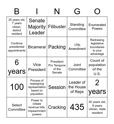 Legislative Branch Bingo Review Bingo Card
