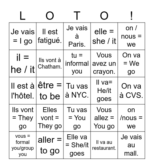 aller, avor, être 2025-26 Bingo Card