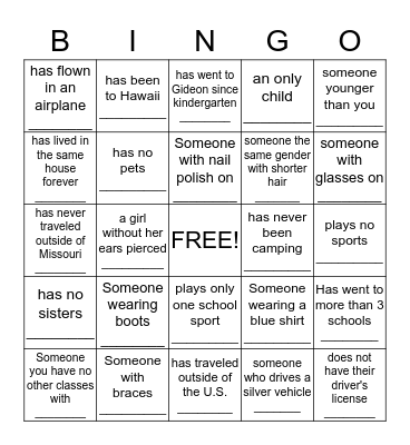 Back to School Bingo Card