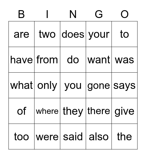 Red Word list 1 Bingo Card