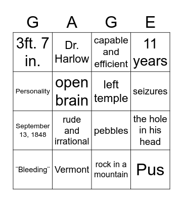 Phineas Gage Bingo Card