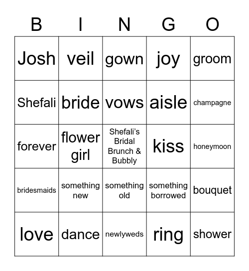 Shefali’s Bridal Brunch & Bubbly Bingo Card