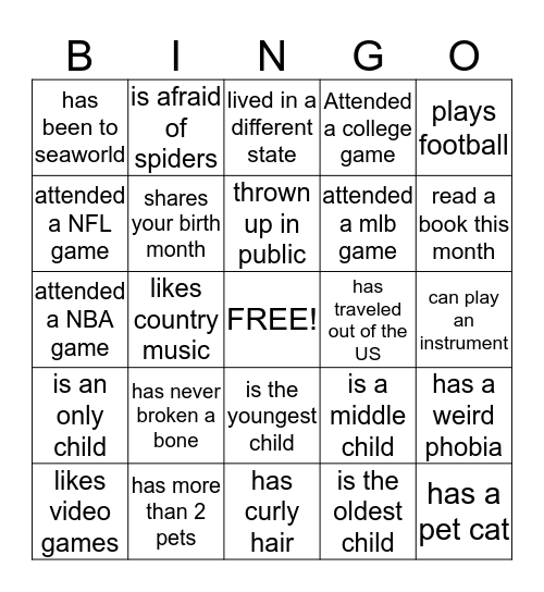 Get to know your Classmates  Bingo Card