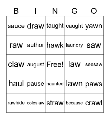 AW, AU Vowel Teams Bingo Card