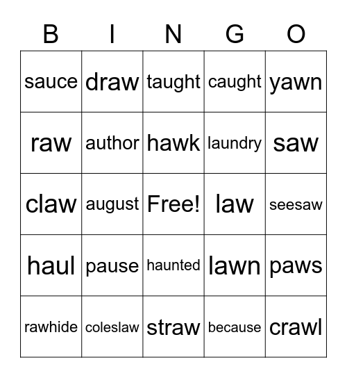 AW, AU Vowel Teams Bingo Card