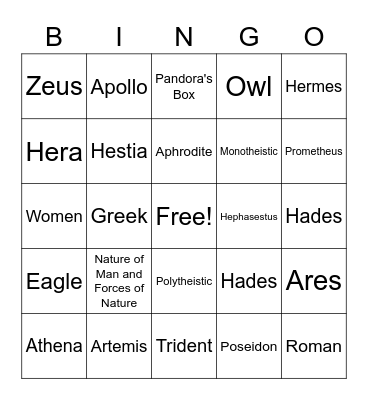 Mythology Packet Bingo Card