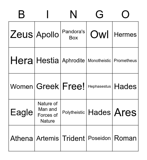 Mythology Packet Bingo Card