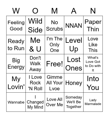 Ladies Night Music Bingo Card