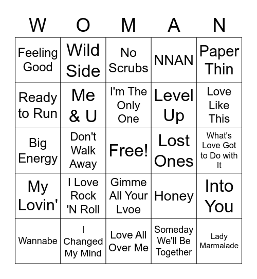 Ladies Night Music Bingo Card