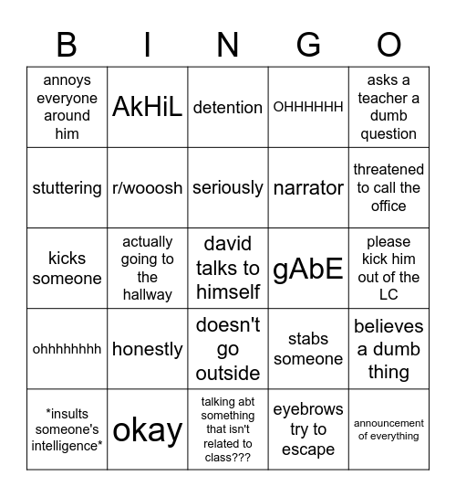 the bingo of david Bingo Card