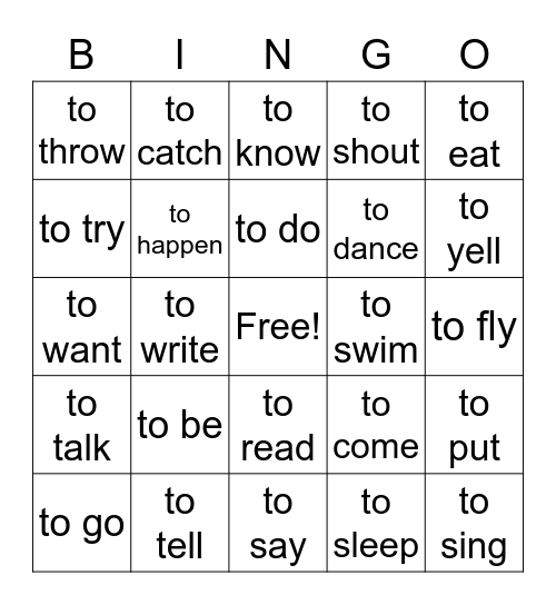 Verbs Bingo Card