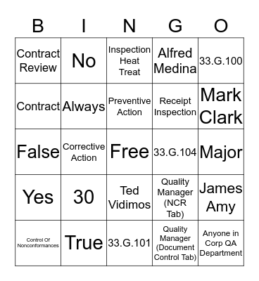 Inspection Heat Treat Bingo Card