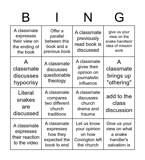 Snakes on Sand Mountain Bingo Card