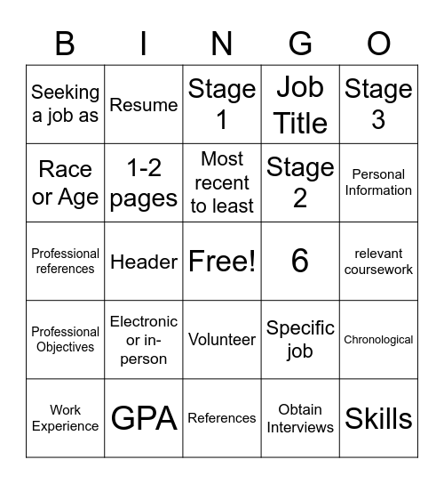 Resume Writing Bingo Card