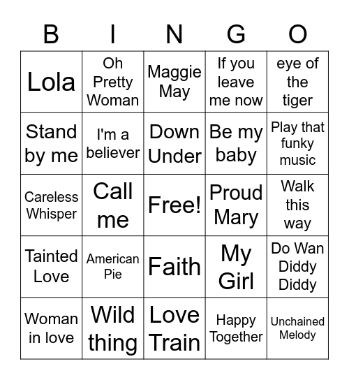 Greatest Hits Bingo Card