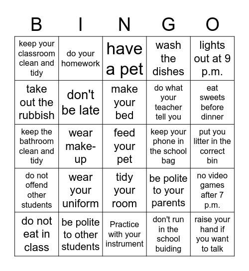 More rules Bingo Card