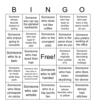 Find Someone Who Is... Bingo Card