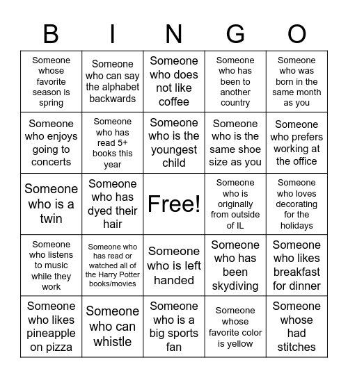 Find Someone Who Is... Bingo Card