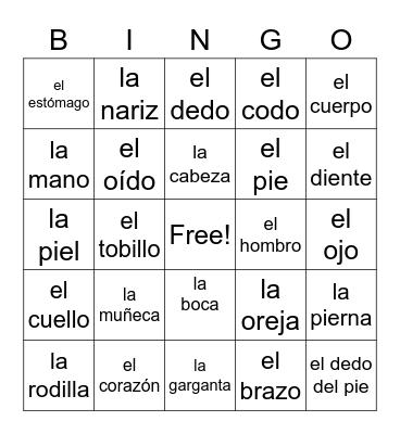 Español 2-Las partes del cuerpo 2.2 Bingo Card