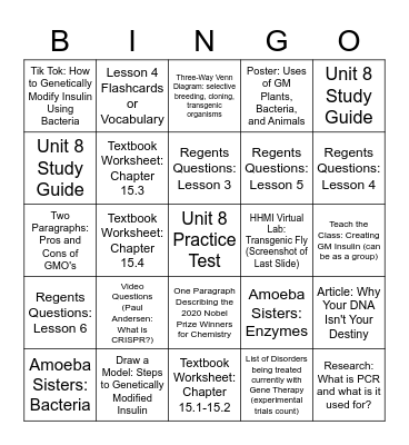 Unit 8: Genetic Engineering Bingo Card