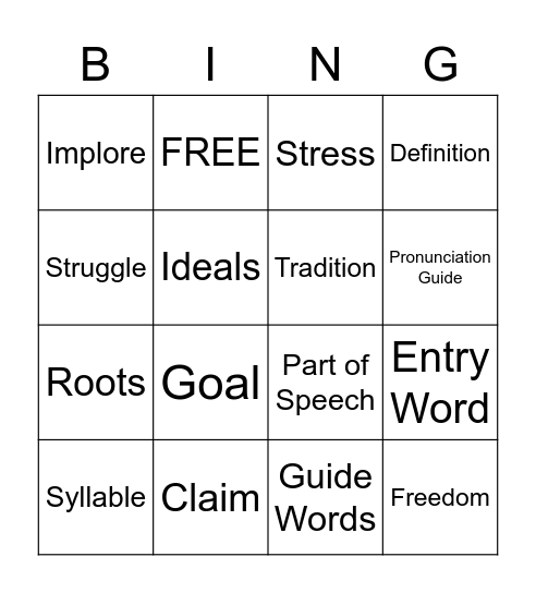 Dictionary Skills: Vocabulary Bingo Card
