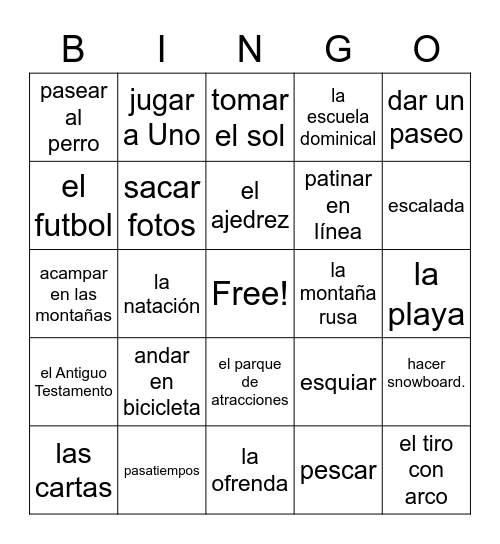 BJU Spanish 1 - Ch. 9 Bingo Card