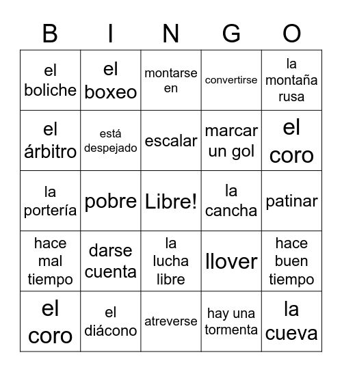 BJU Spanish 2 Ch. 9 Bingo Card