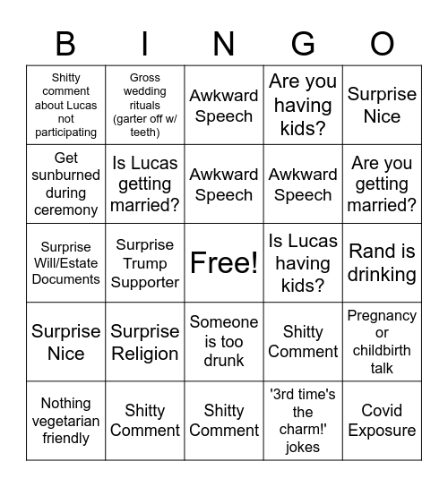 Dysfunctional Family Weekend Bingo Card