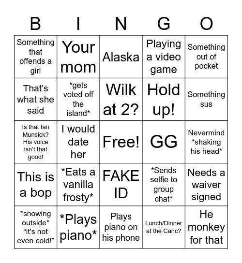 Tanner Bingo Card