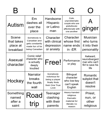 Mel's Writing Bingo Card