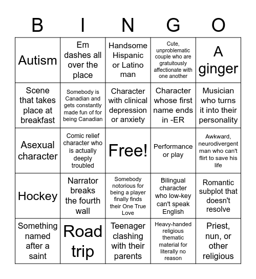 Mel's Writing Bingo Card