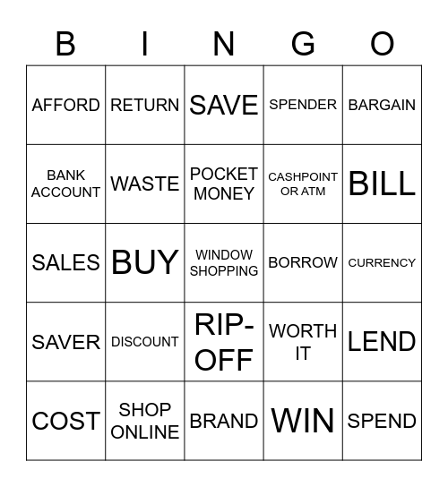 MONEY VOCABULARY Bingo Card